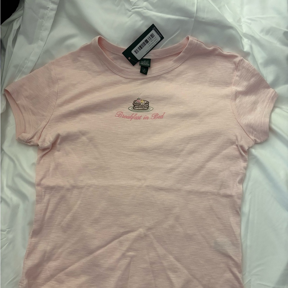 Wild Fable Women’s Pink Shirt with Breakfast in Bed Design Logo -NWT